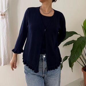 Norton McNaughton Silk Cotton Blend Built In Undershirt Navy Cardigan Size L